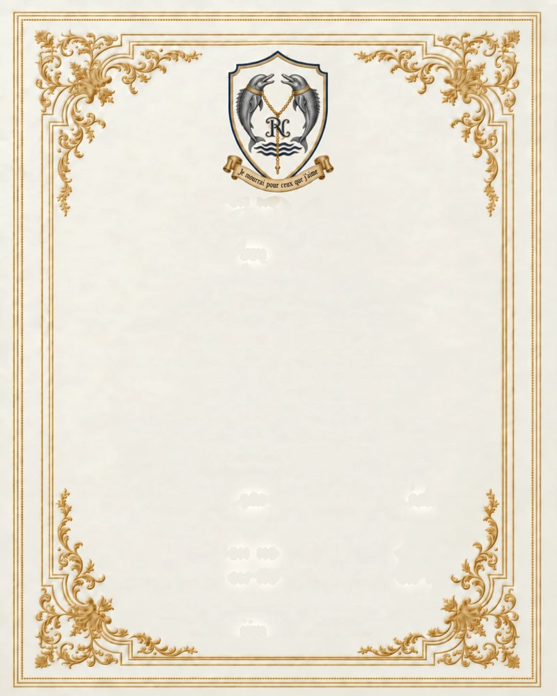 The family crest: two silver dolphins with gold collars joined by a gold chain around the RN monogram above blue waves, with the motto “Je mourrai pour ceux que j’aime”.